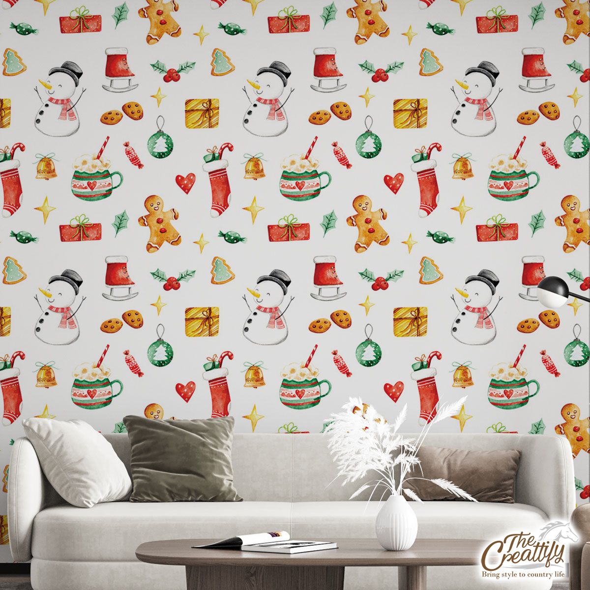 Snowman, Gingerbread And Christmas Gifts Wall Mural