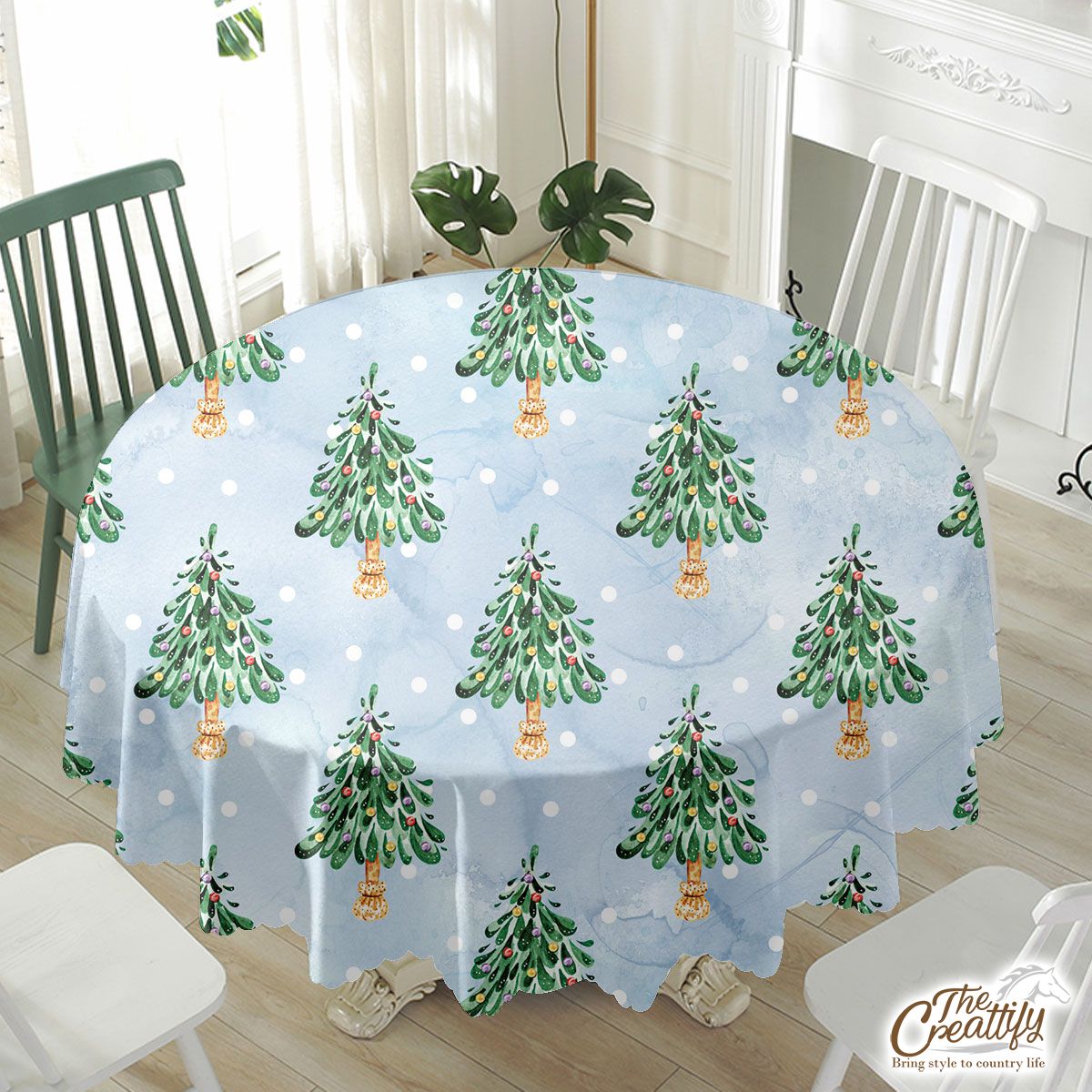 Pine Tree, Christmas Tree On Snowflake Background Waterproof Tablecloth