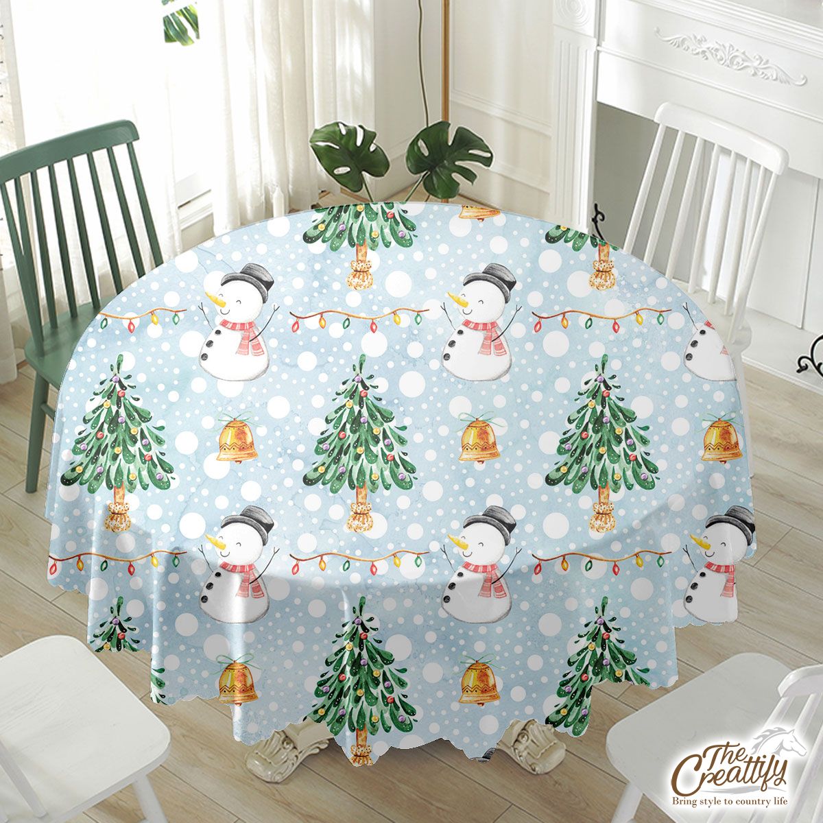 Snowman And Christmas Tree On Snowflake Background Waterproof Tablecloth