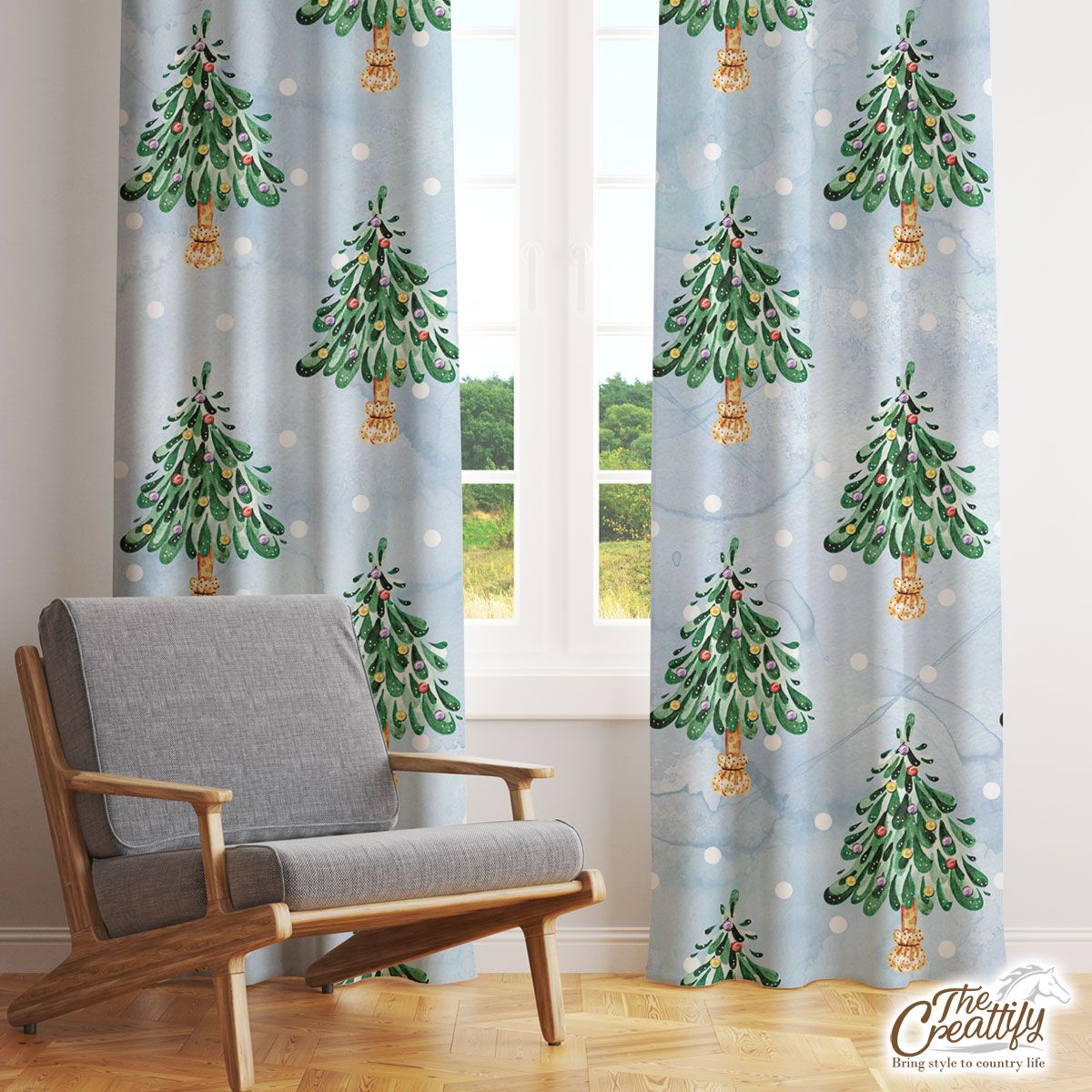 Pine Tree, Christmas Tree On Snowflake Background Window Curtain