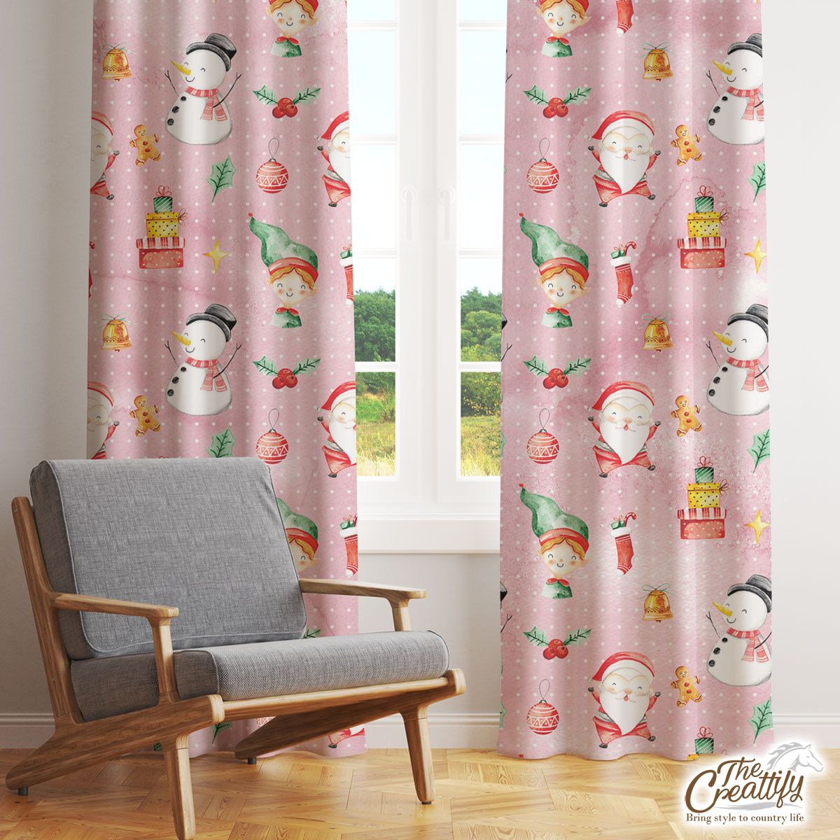 Santa Clause, Snowman And Christmas Elf With Christmas Gifts Window Curtain