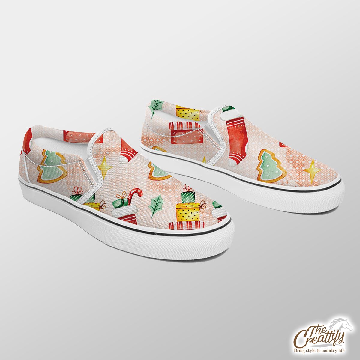 Gingerbread, Christmas Tree, Red Socks With Candy Canes Slip On Sneakers