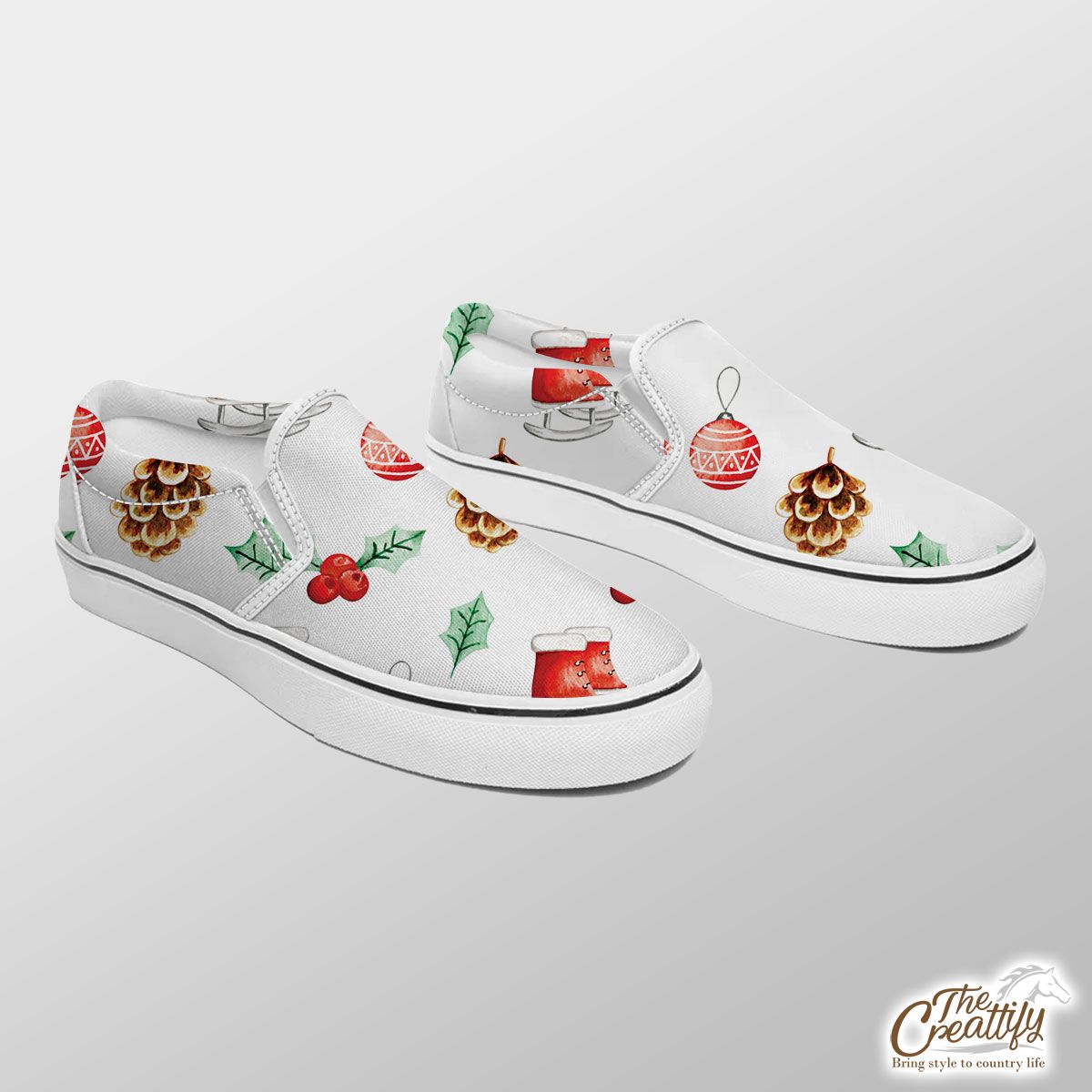 Ice Skates, Holly Leaf, Pine Cone And Christmas Baubles Slip On Sneakers