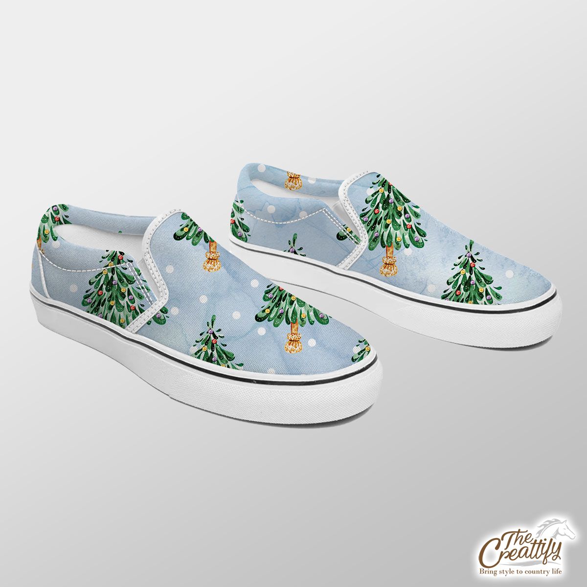 Pine Tree, Christmas Tree On Snowflake Background Slip On Sneakers