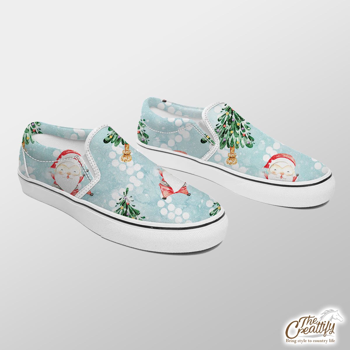 Santa Clause And Christmas Tree On Snowflake Background Slip On Sneakers