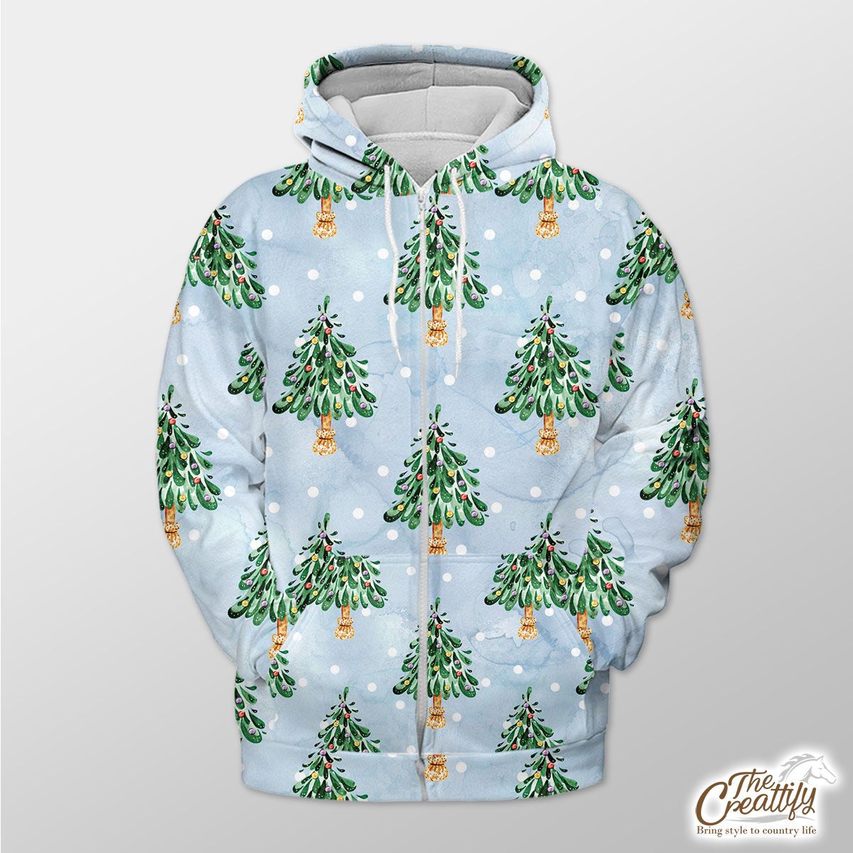 Pine Tree, Christmas Tree On Snowflake Background Zip Hoodie