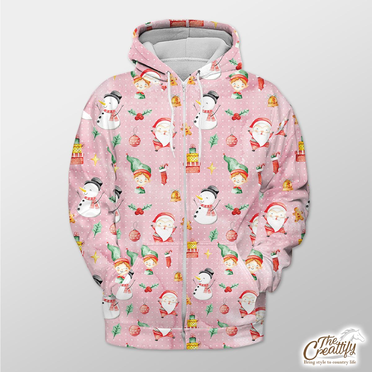 Santa Clause, Snowman And Christmas Elf With Christmas Gifts Zip Hoodie