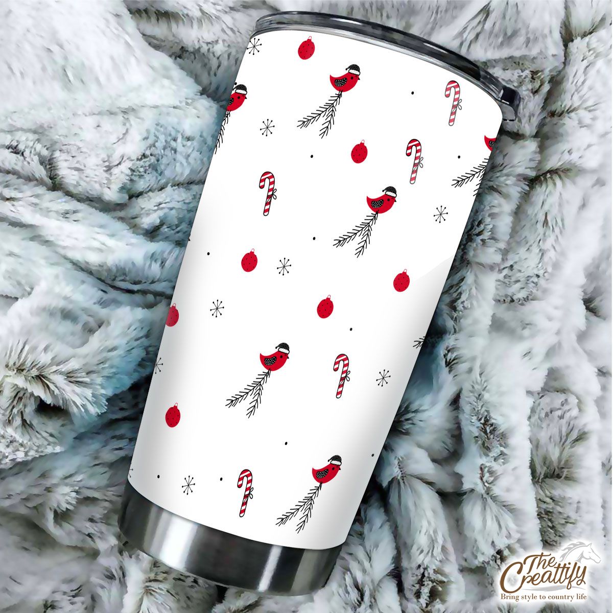 Cardinal Bird With Santa Hat, Candy Canes, Christmas Balls And Snowflake Clipart Seamless White Pattern Tumbler