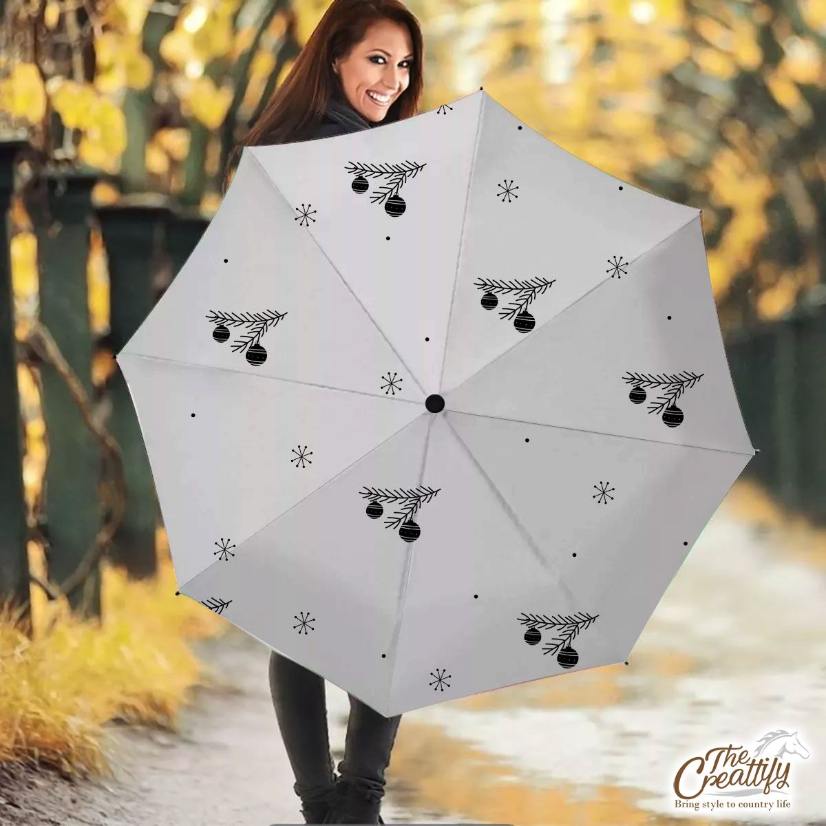 Black And White Christmas Balls With Pine Tree Branch On The Snowflake Clipart Background Umbrella