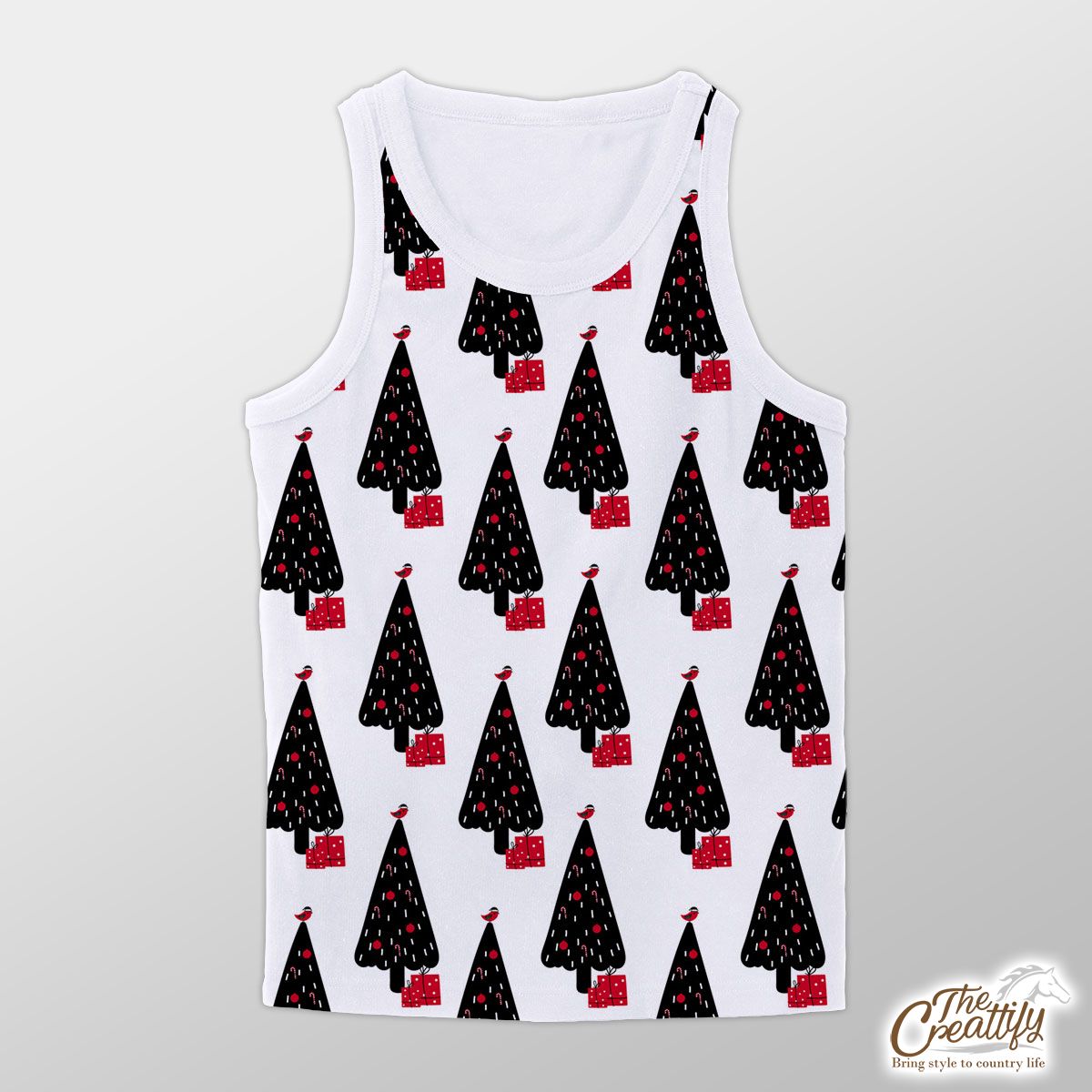 Hand Draw Christmas Gift And Pine Tree Silhouette Seamless White Pattern Unisex Tank Top