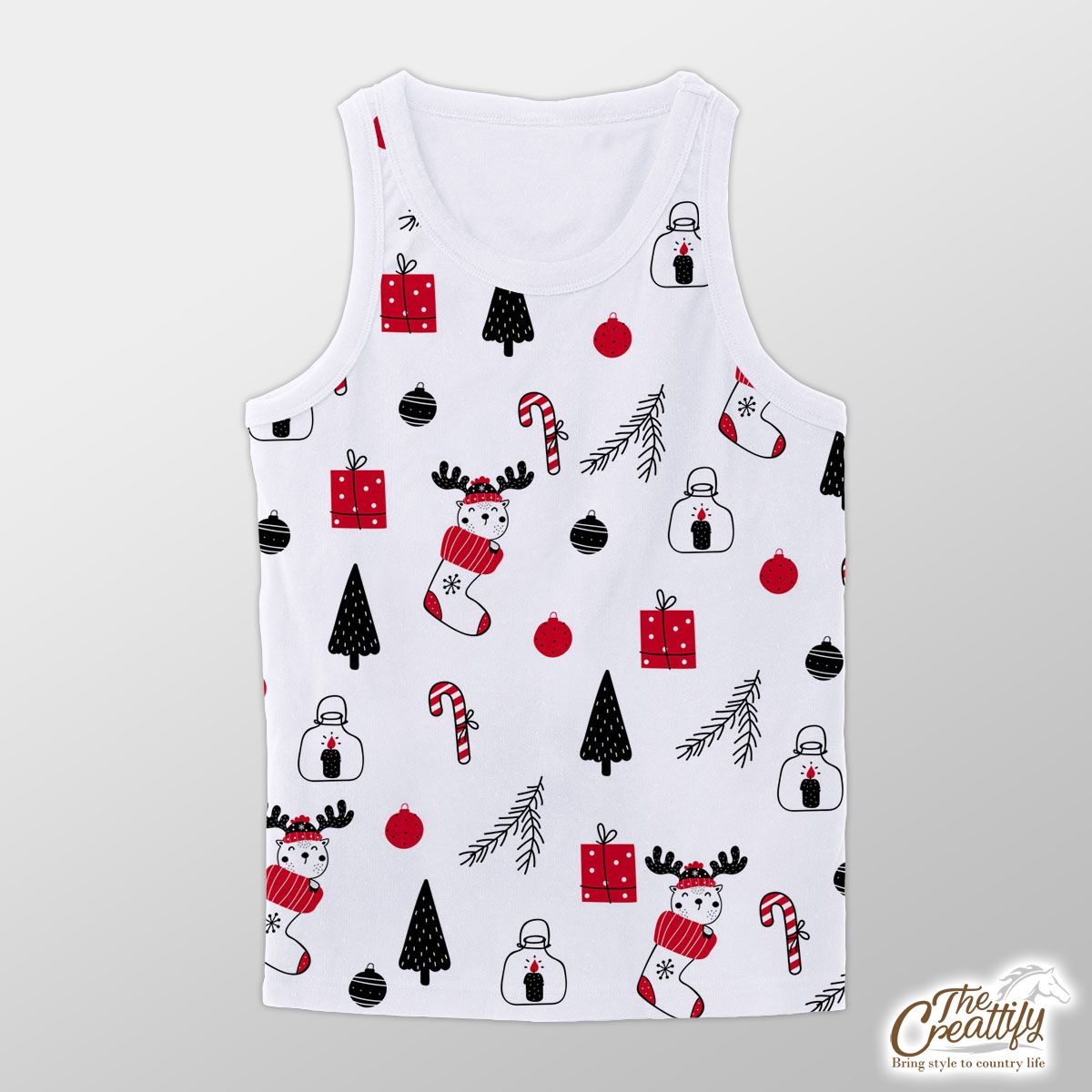 Reindeer Clipart In Hand Drawn Red Socks, Christmas Balls, Candy Canes, And Christmas Gifts Seamless White Pattern Unisex Tank Top