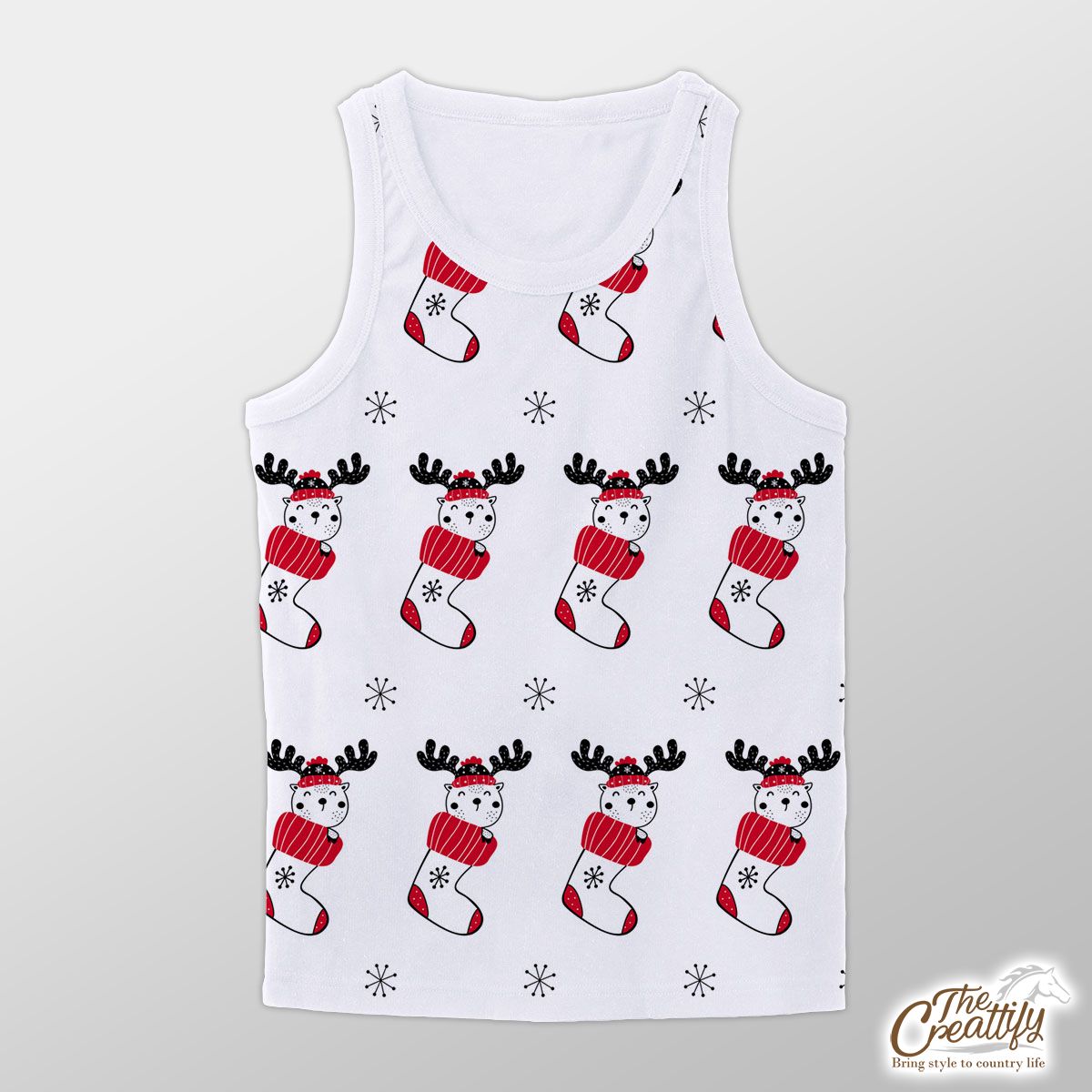 Reindeer Clipart In Hand Drawn Red Socks And Snowflake Clipart Seamless White Pattern Unisex Tank Top