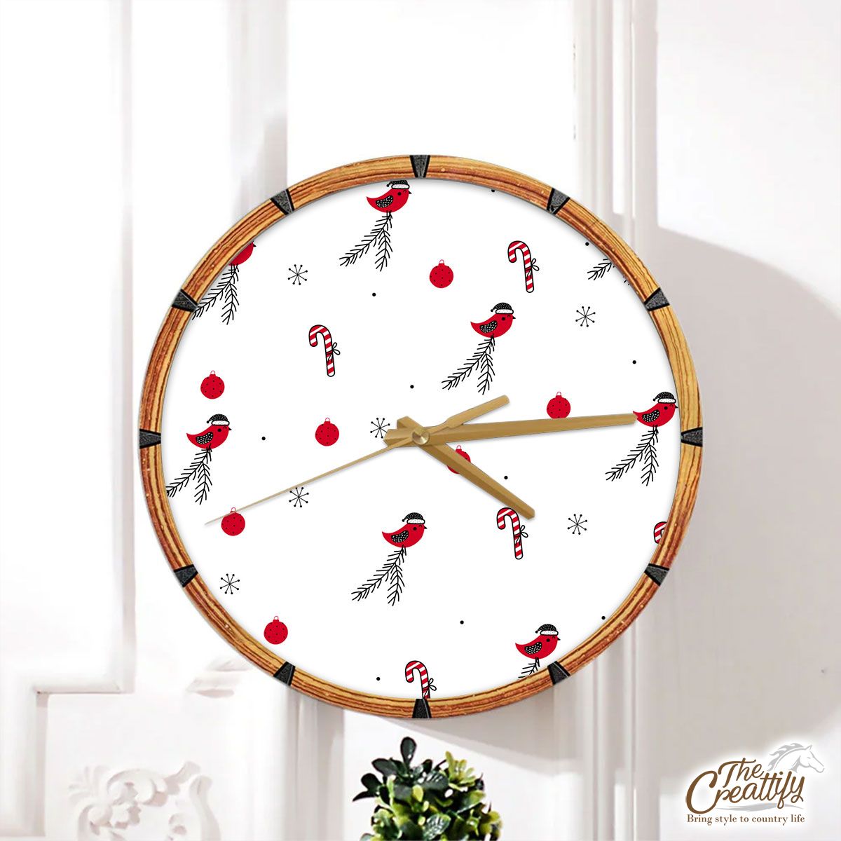 Cardinal Bird With Santa Hat, Candy Canes, Christmas Balls And Snowflake Clipart Seamless White Pattern Wall Clock