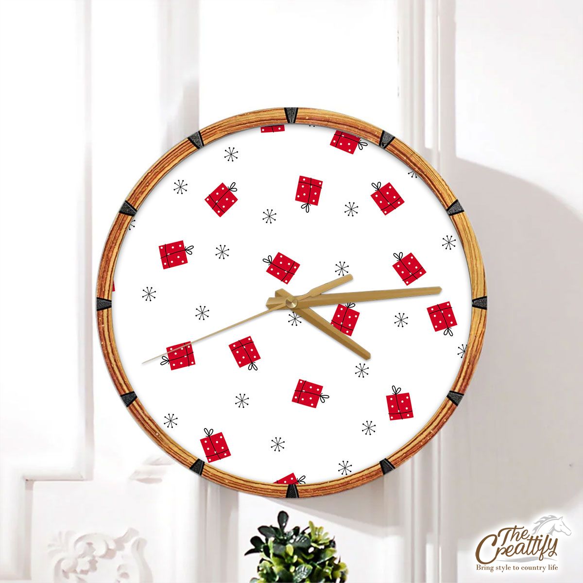 Hand Drawn Christmas Gifts, Snowflake Clipart Seamless White Pattern Wall Clock