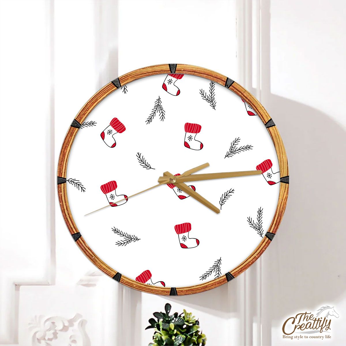 Hand Drawn Red Socks, Christmas Tree Branch White Pattern Wall Clock