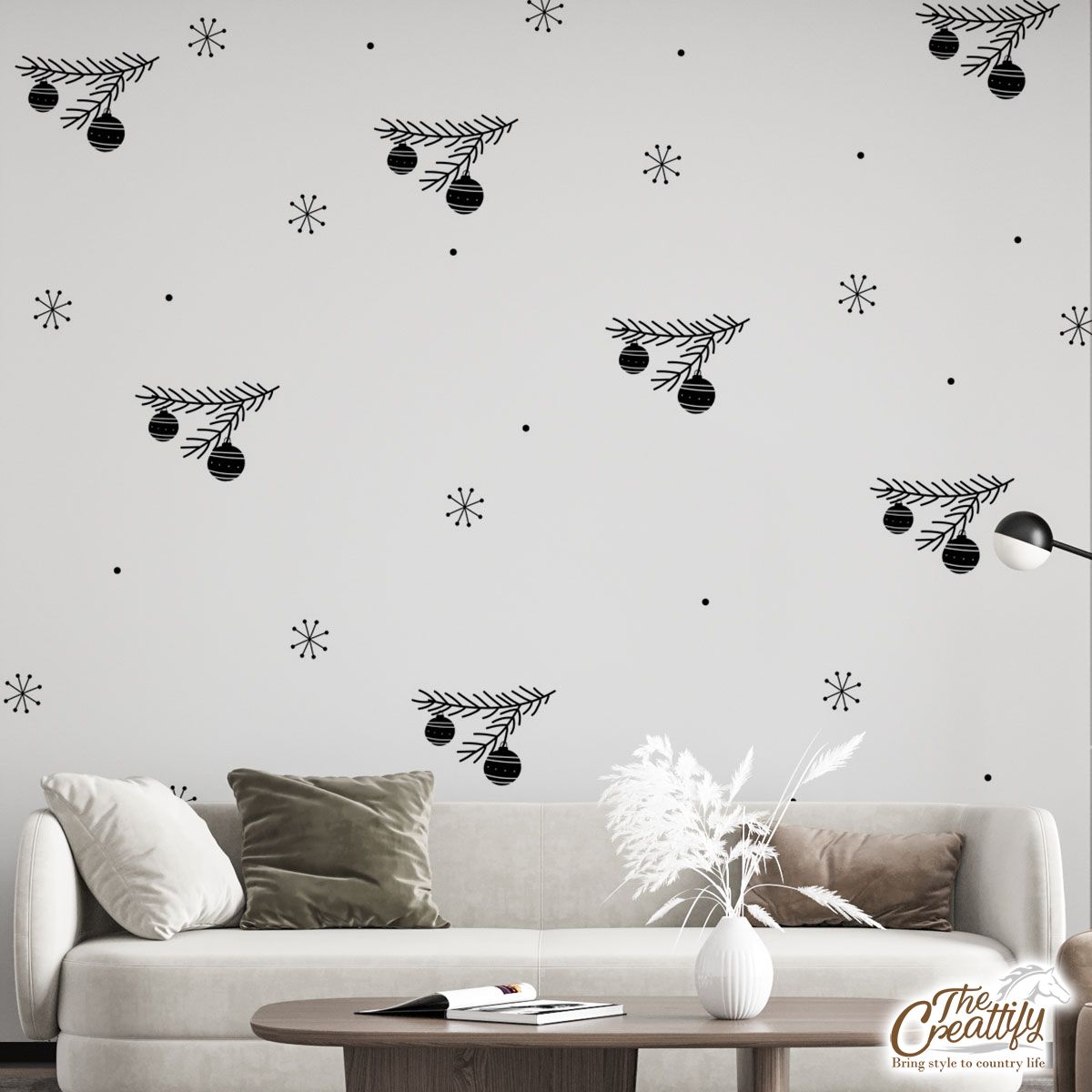 Black And White Christmas Balls With Pine Tree Branch On The Snowflake Clipart Background Wall Mural