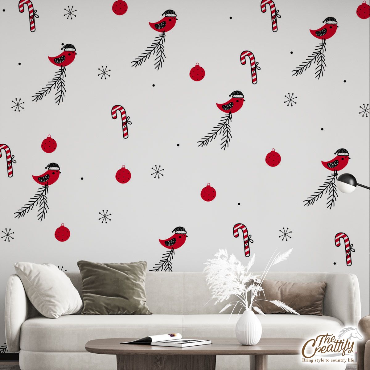 Cardinal Bird With Santa Hat, Candy Canes, Christmas Balls And Snowflake Clipart Seamless White Pattern Wall Mural