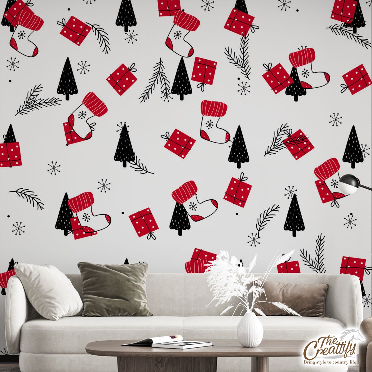 Hand Drawn Red Socks, Christmas Gifts, Pine Tree Silhouette And Snowflake Clipart Seamless White Pattern Wall Mural