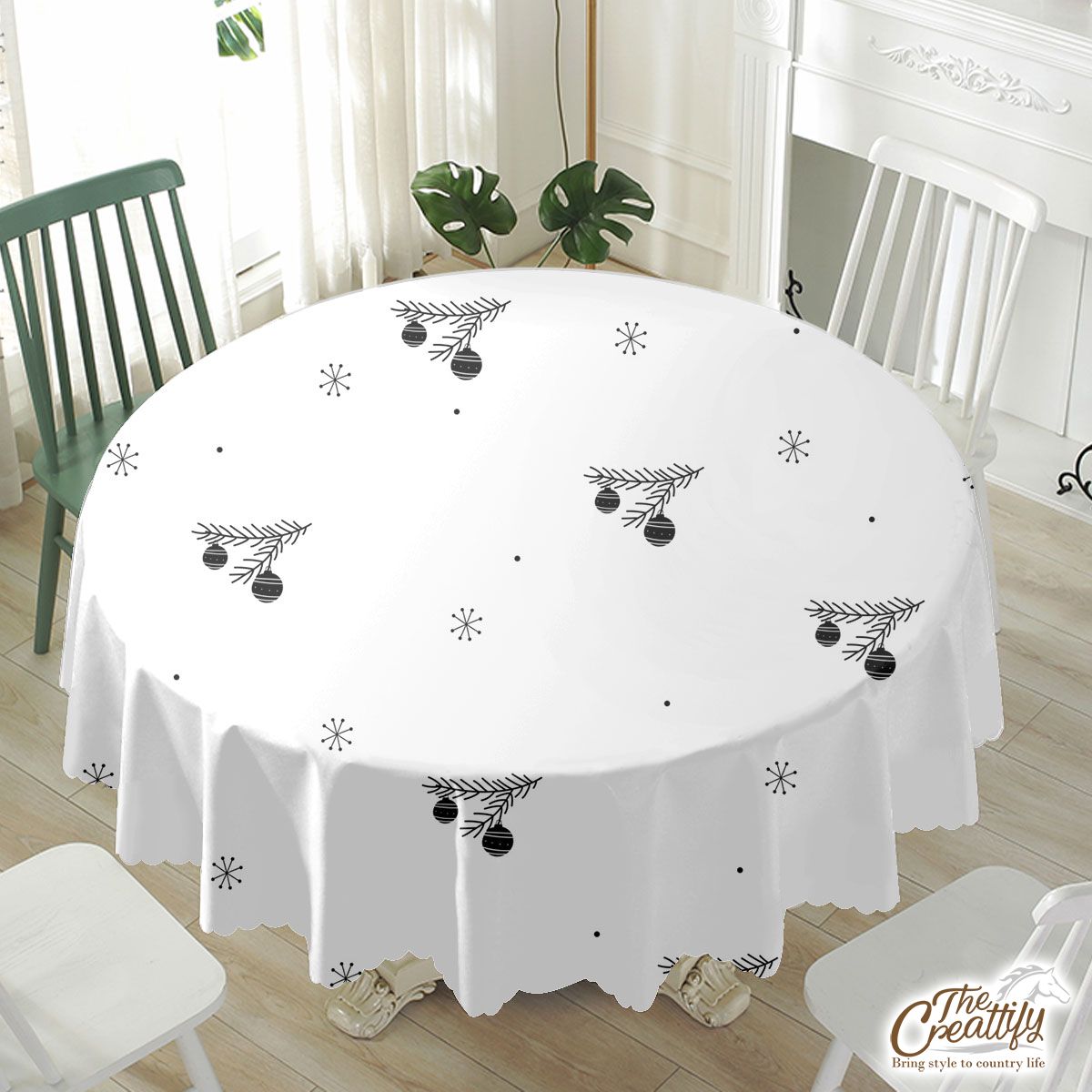 Black And White Christmas Balls With Pine Tree Branch On The Snowflake Clipart Background Waterproof Tablecloth