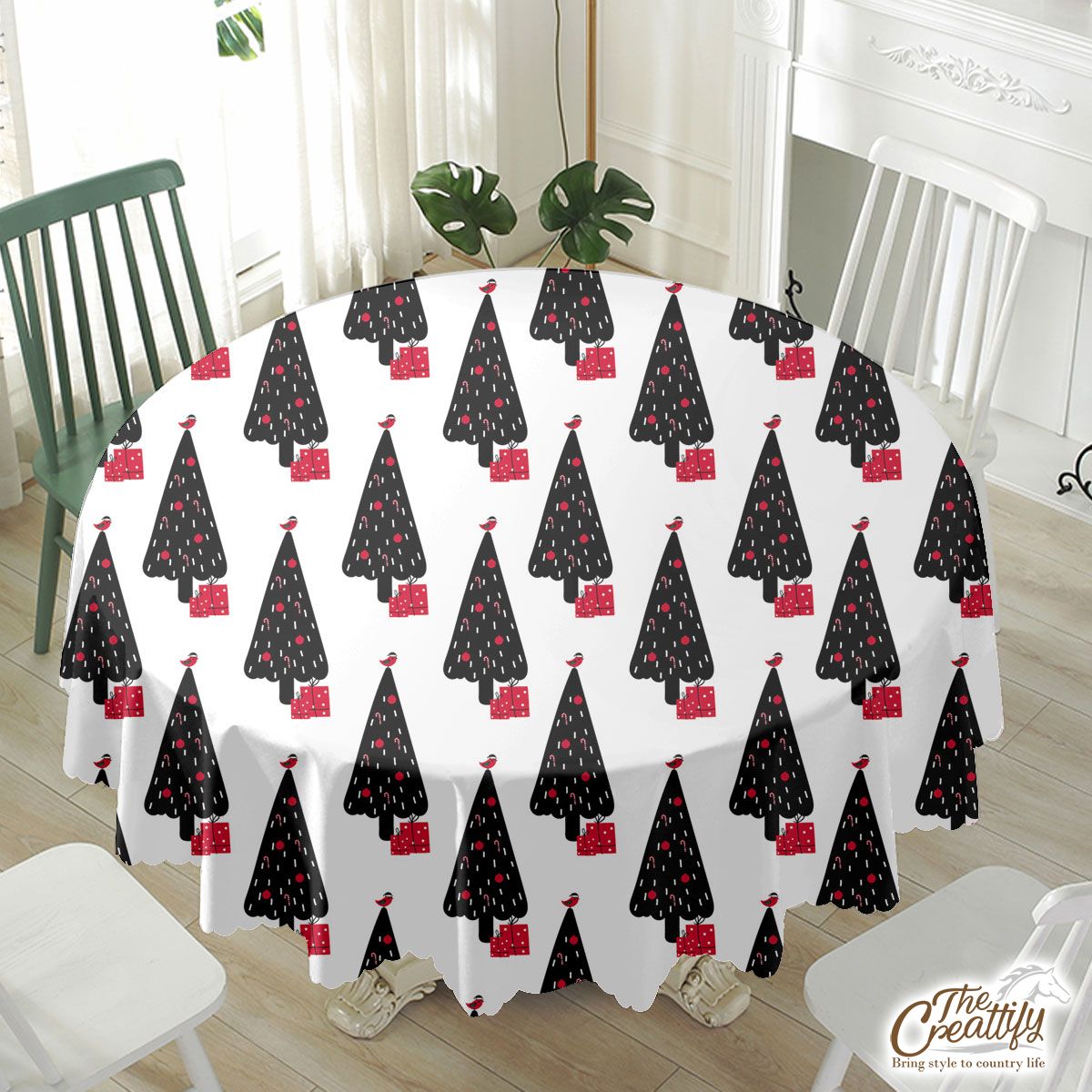 Hand Draw Christmas Gift And Pine Tree Silhouette Seamless White Pattern Waterproof Tablecloth