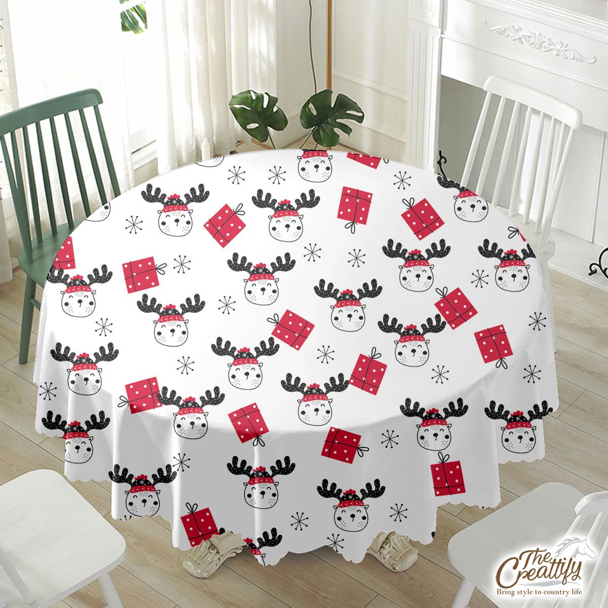 Hand Drawn Christmas Gifts, Reindeer Clipart And Snowflake Clipart Seamless White Pattern Waterproof Tablecloth