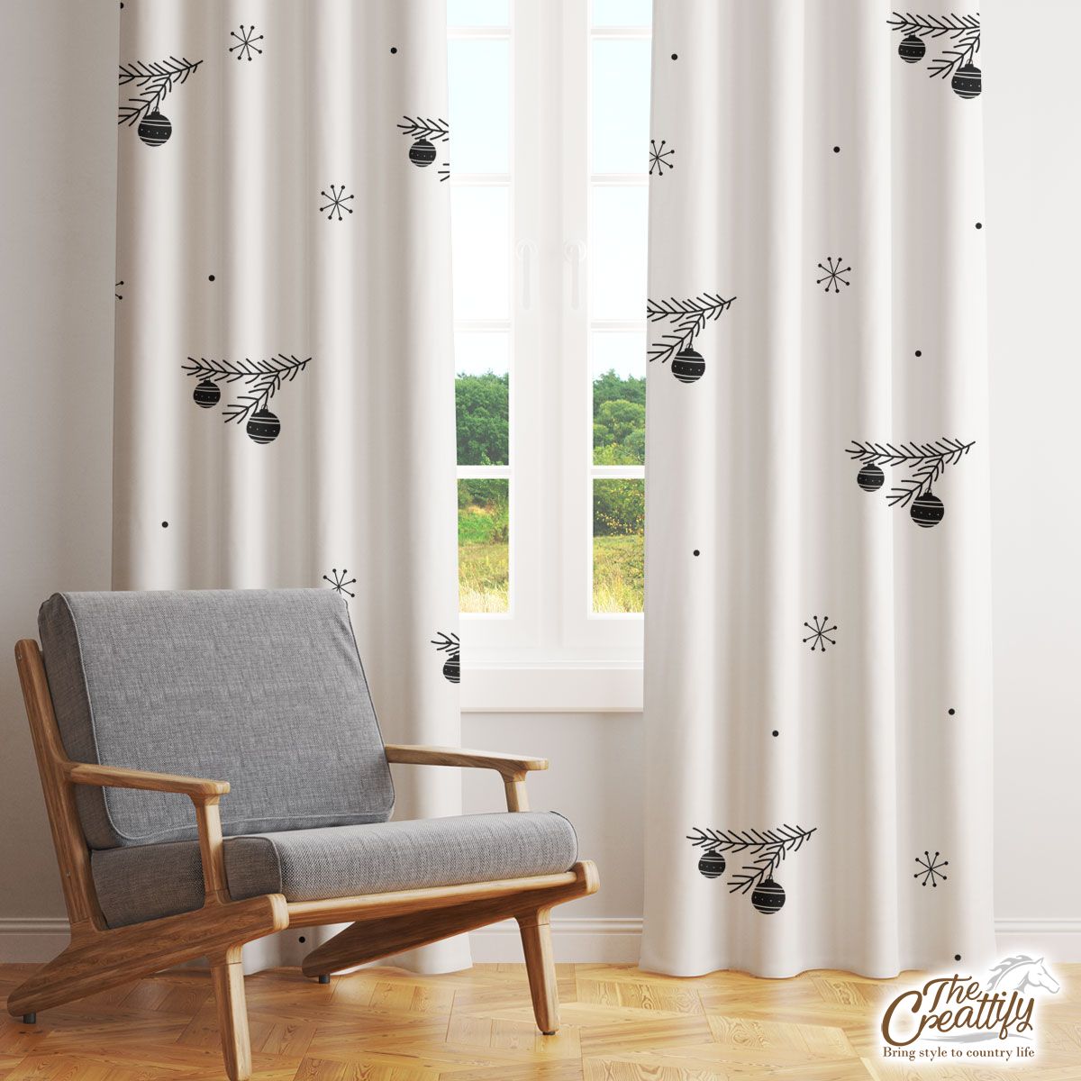 Black And White Christmas Balls With Pine Tree Branch On The Snowflake Clipart Background Window Curtain