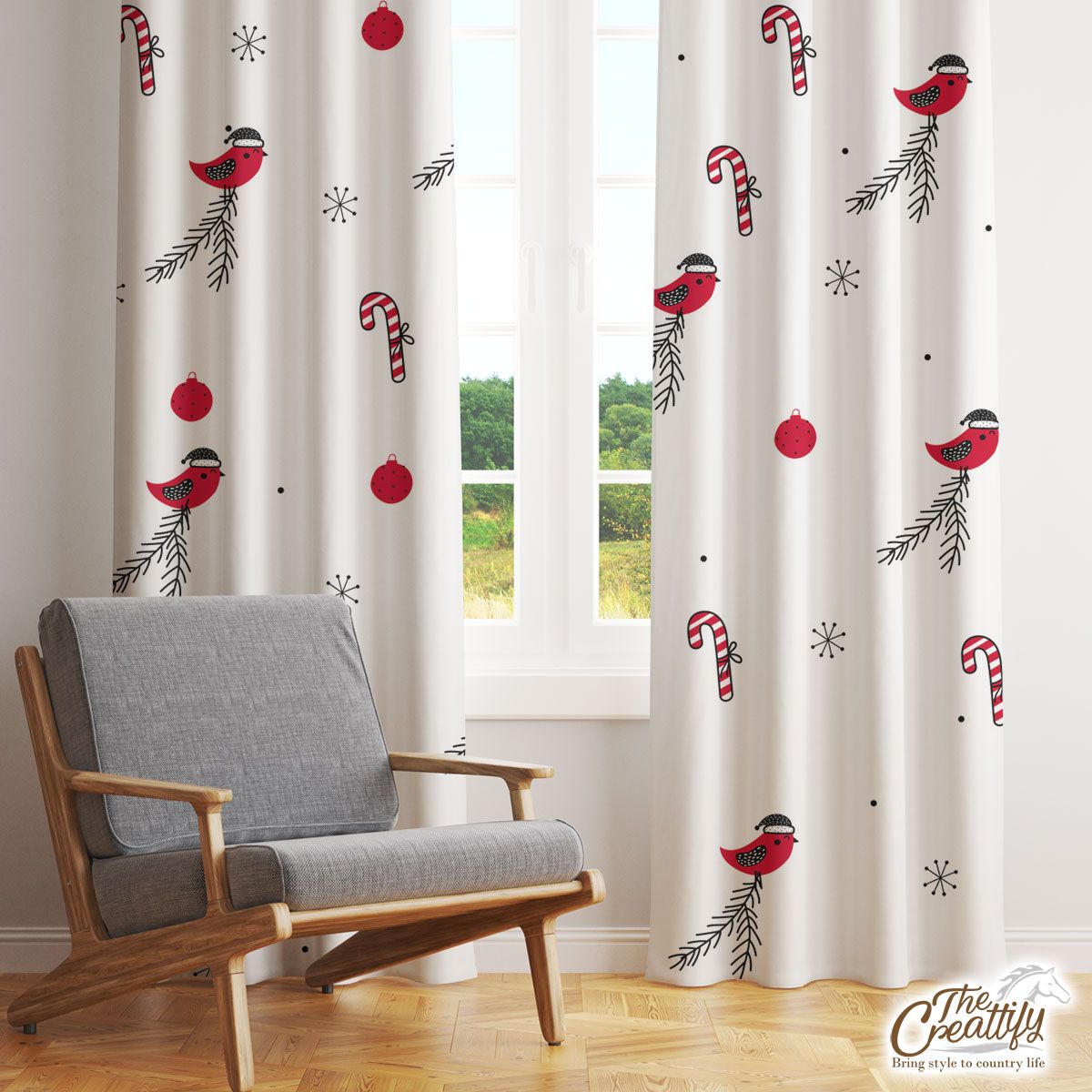 Cardinal Bird With Santa Hat, Candy Canes, Christmas Balls And Snowflake Clipart Seamless White Pattern Window Curtain