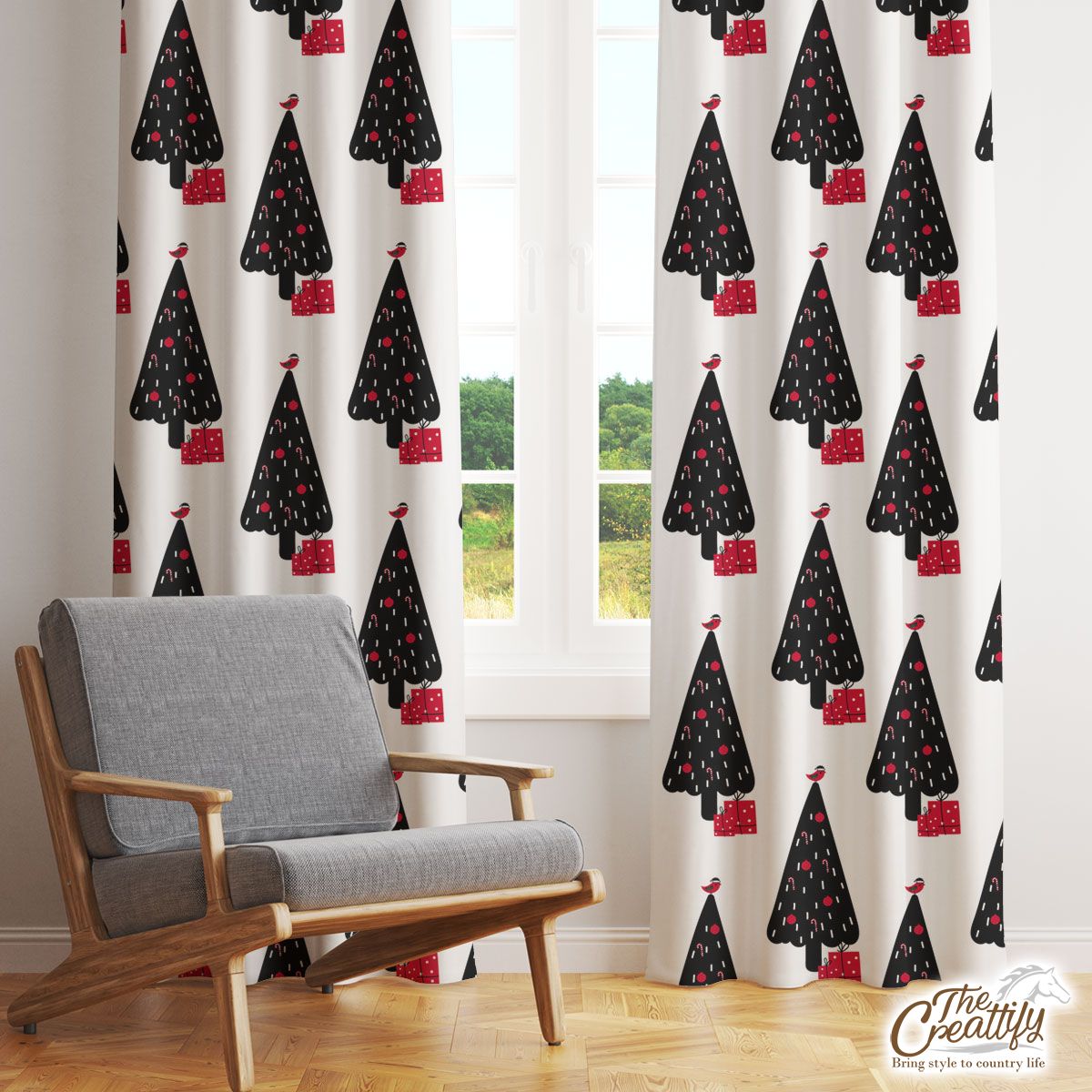 Hand Draw Christmas Gift And Pine Tree Silhouette Seamless White Pattern Window Curtain