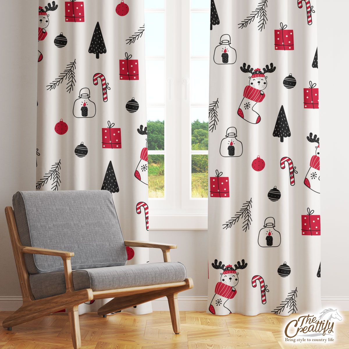 Reindeer Clipart In Hand Drawn Red Socks, Christmas Balls, Candy Canes, And Christmas Gifts Seamless White Pattern Window Curtain