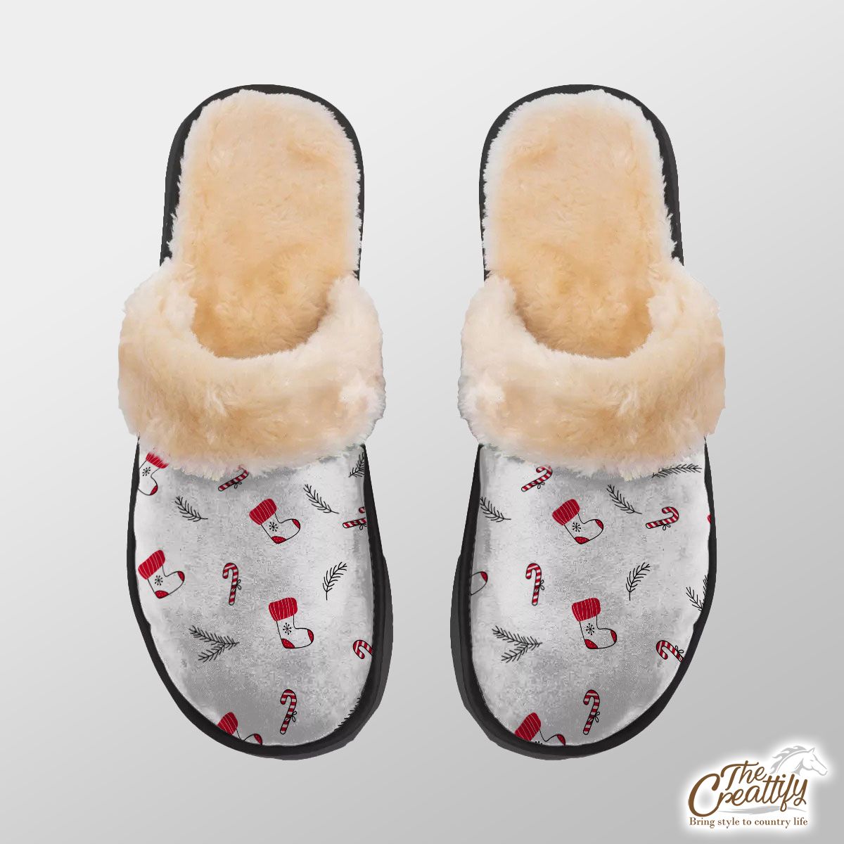 Hand Drawn Red Socks, Christmas Tree Branch And Candy Canes White Pattern Home Plush Slippers