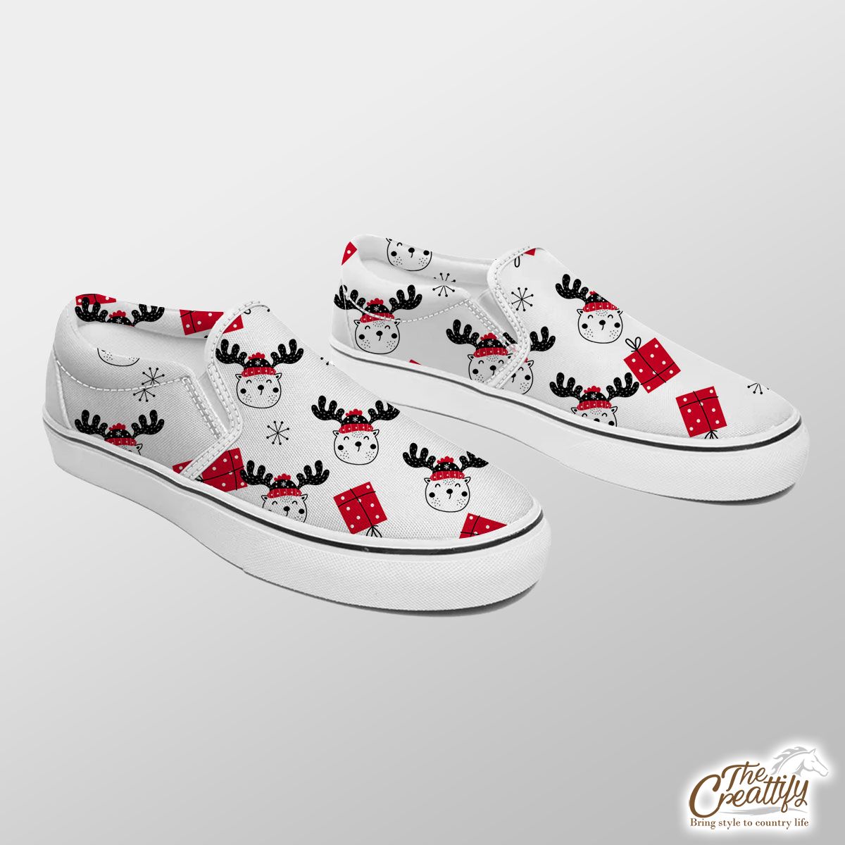 Hand Drawn Christmas Gifts, Reindeer Clipart And Snowflake Clipart Seamless White Pattern Slip On Sneakers