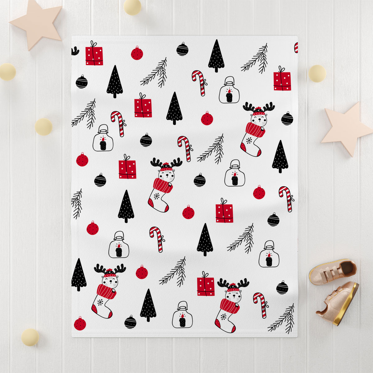 Reindeer Clipart In Hand Drawn Red Socks, Christmas Balls, Candy Canes, And Christmas Gifts Seamless White Pattern Soft Fleece Baby Blanket