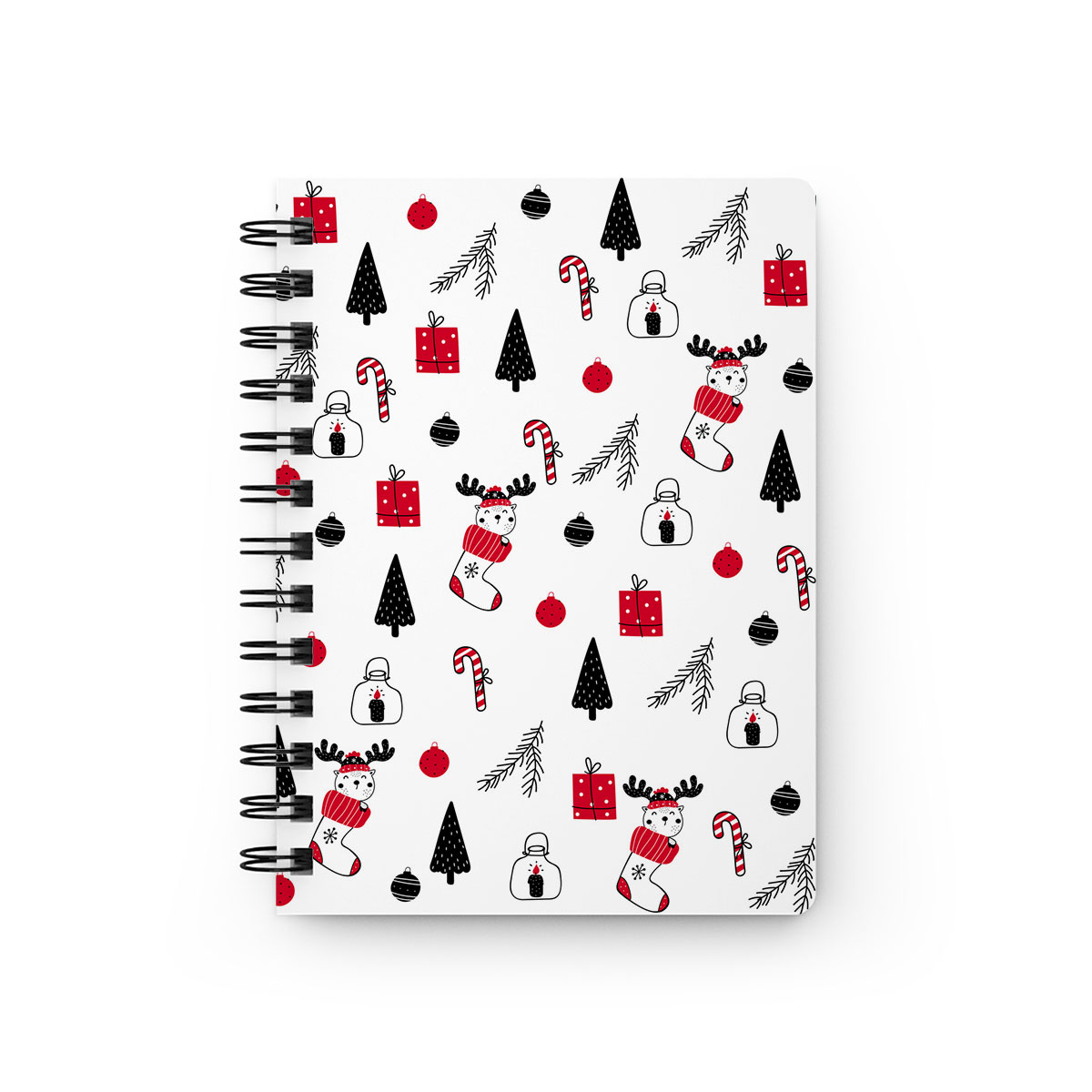 Reindeer Clipart In Hand Drawn Red Socks, Christmas Balls, Candy Canes, And Christmas Gifts Seamless White Pattern Spiral Bound Journal