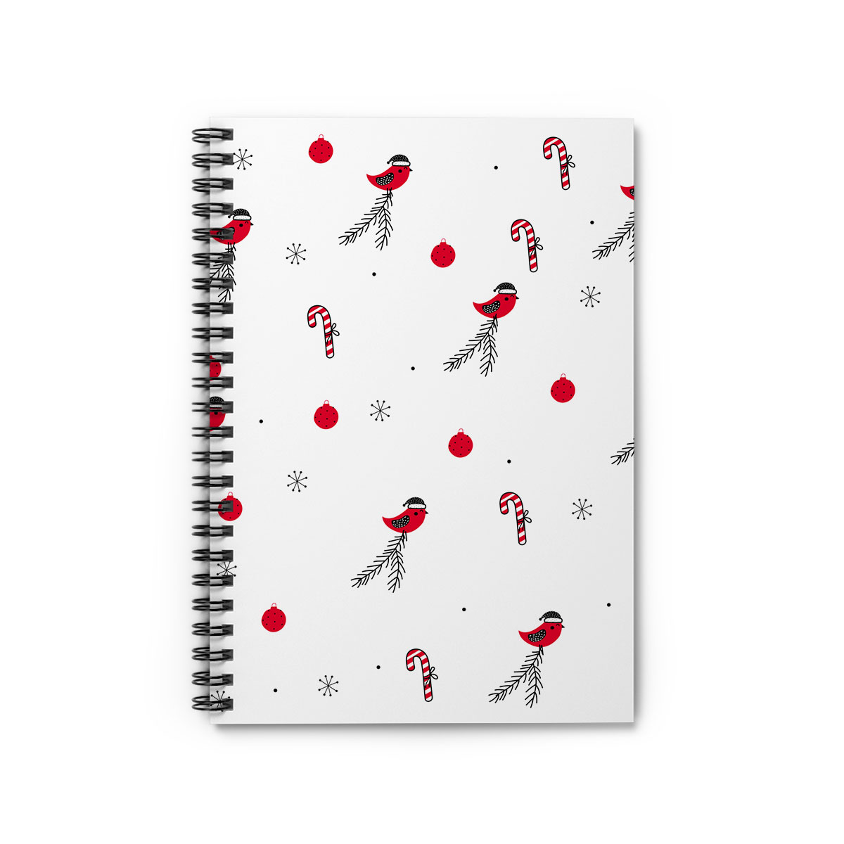 Cardinal Bird With Santa Hat, Candy Canes, Christmas Balls And Snowflake Clipart Seamless White Pattern Spiral Notebook
