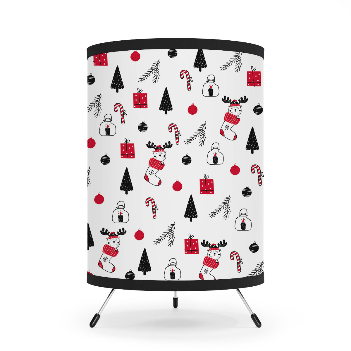 Reindeer Clipart In Hand Drawn Red Socks, Christmas Balls, Candy Canes, And Christmas Gifts Seamless White Pattern Tripod Lamp with High-Res Printed Shade
