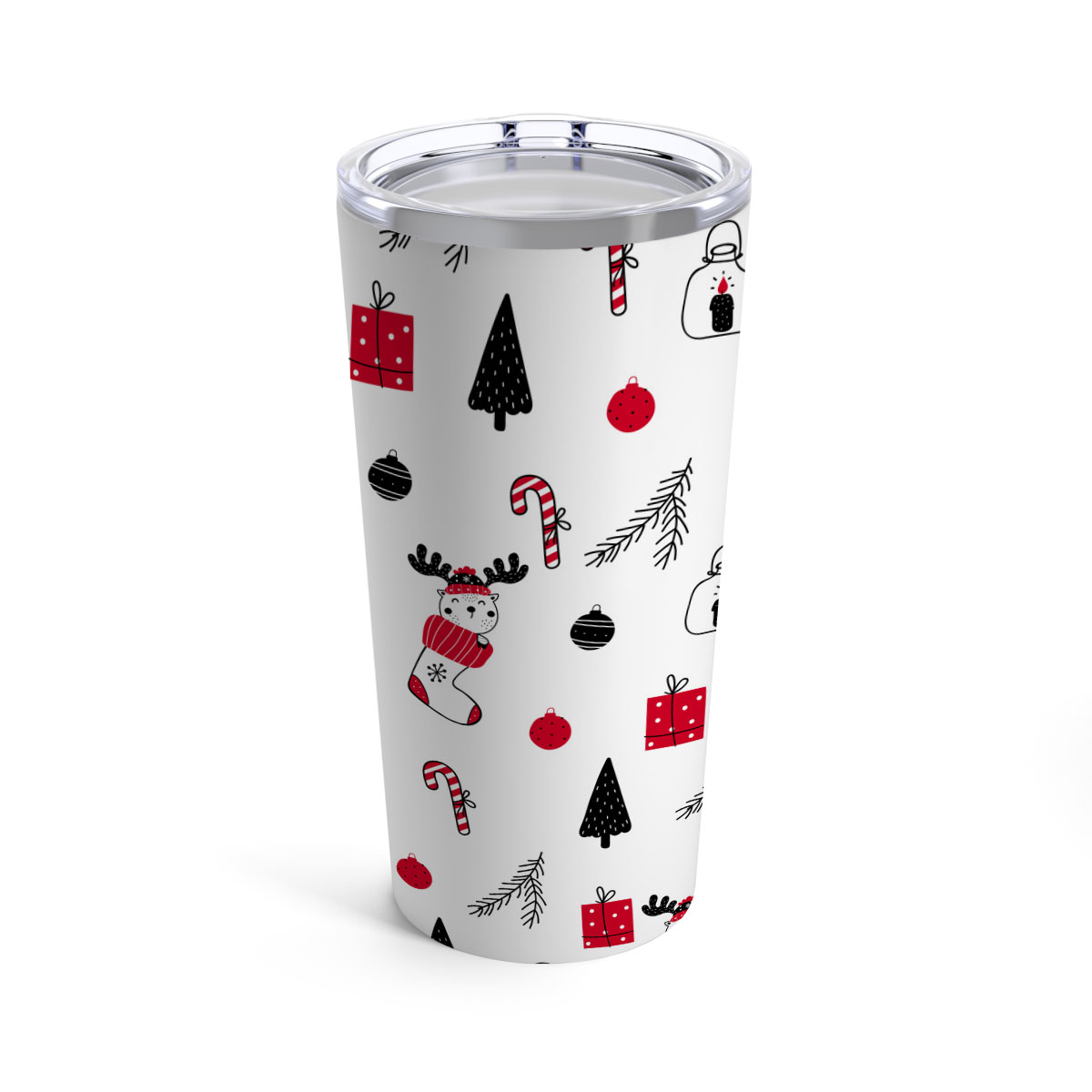 Reindeer Clipart In Hand Drawn Red Socks, Christmas Balls, Candy Canes, And Christmas Gifts Seamless White Pattern Tumbler 20oz