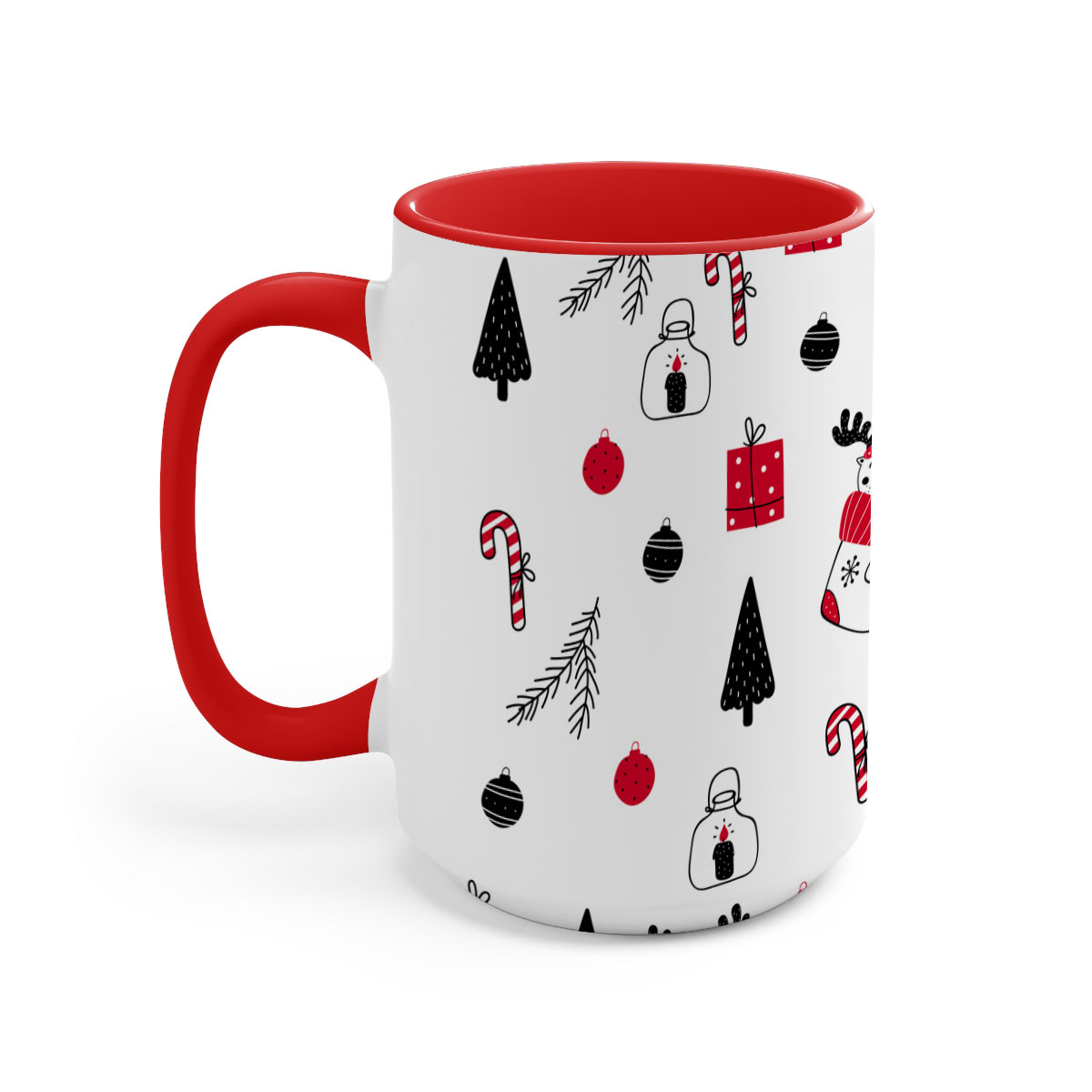 Reindeer Clipart In Hand Drawn Red Socks, Christmas Balls, Candy Canes, And Christmas Gifts Seamless White Pattern Two-Tone Coffee Mugs