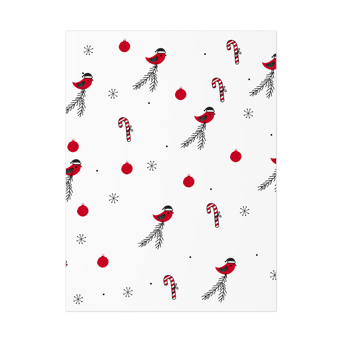 Cardinal Bird With Santa Hat, Candy Canes, Christmas Balls And Snowflake Clipart Seamless White Pattern Uncoated Posters