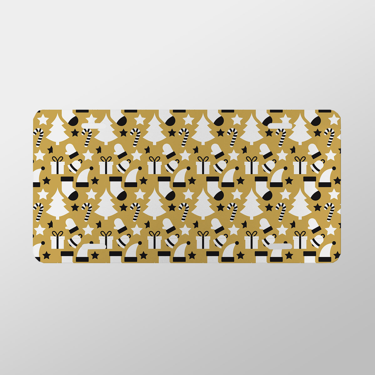 Black And White Christmas Socks, Christmas Tree, Candy Cane On Gold Background Vanity Plate
