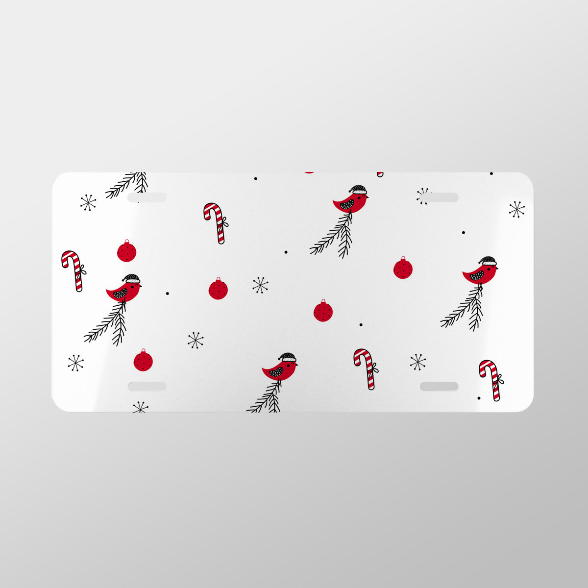 Cardinal Bird With Santa Hat, Candy Canes, Christmas Balls And Snowflake Clipart Seamless White Pattern Vanity Plate