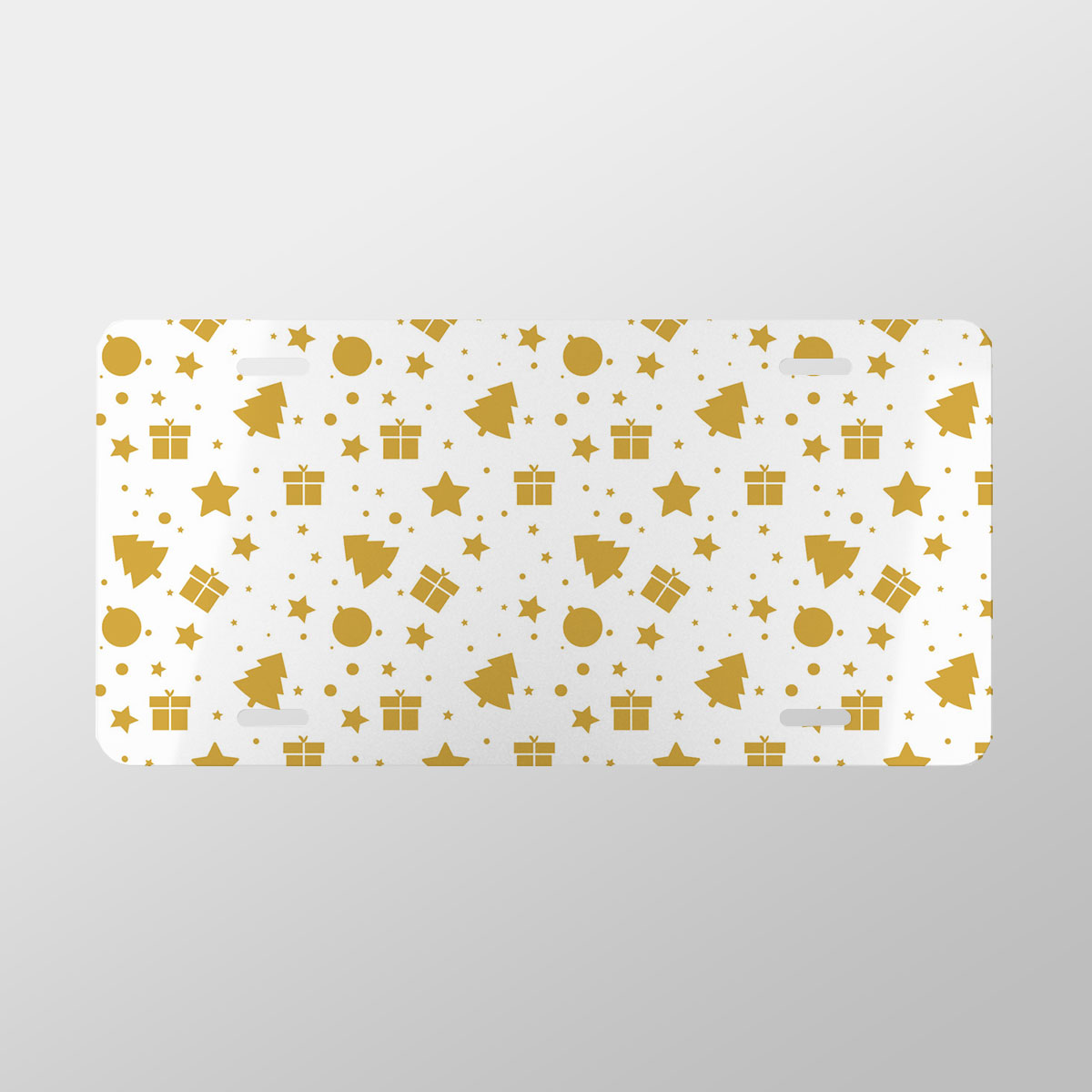 Christmas Gifts, Baudles And Pine Tree Silhouette Filled In Gold Color Pattern Vanity Plate