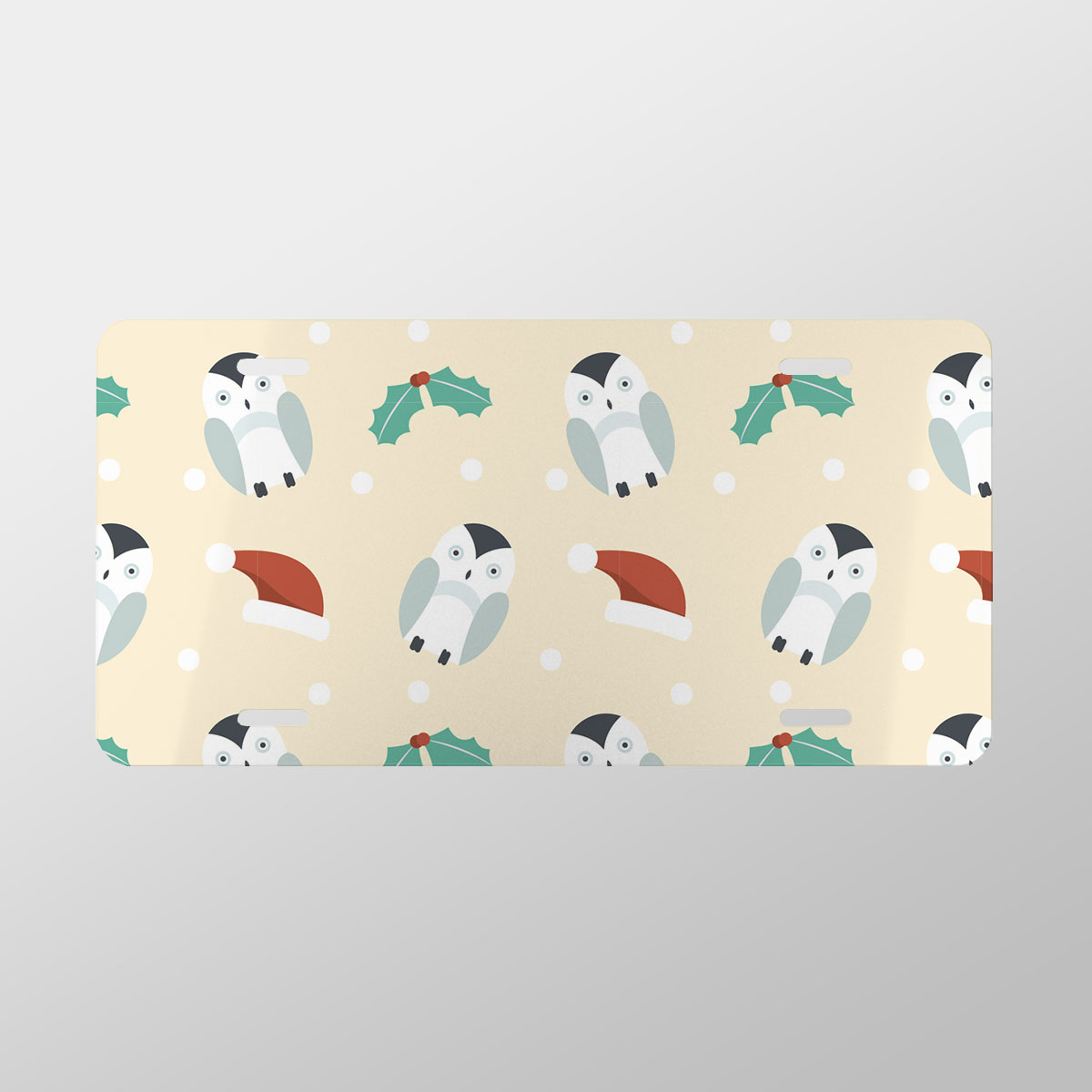 Christmas Penguins, Holly Leaf On Light Yellow Background Vanity Plate