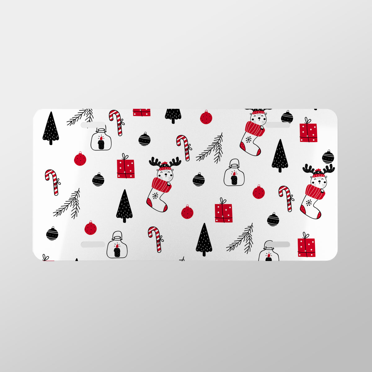 Reindeer Clipart In Hand Drawn Red Socks, Christmas Balls, Candy Canes, And Christmas Gifts Seamless White Pattern Vanity Plate