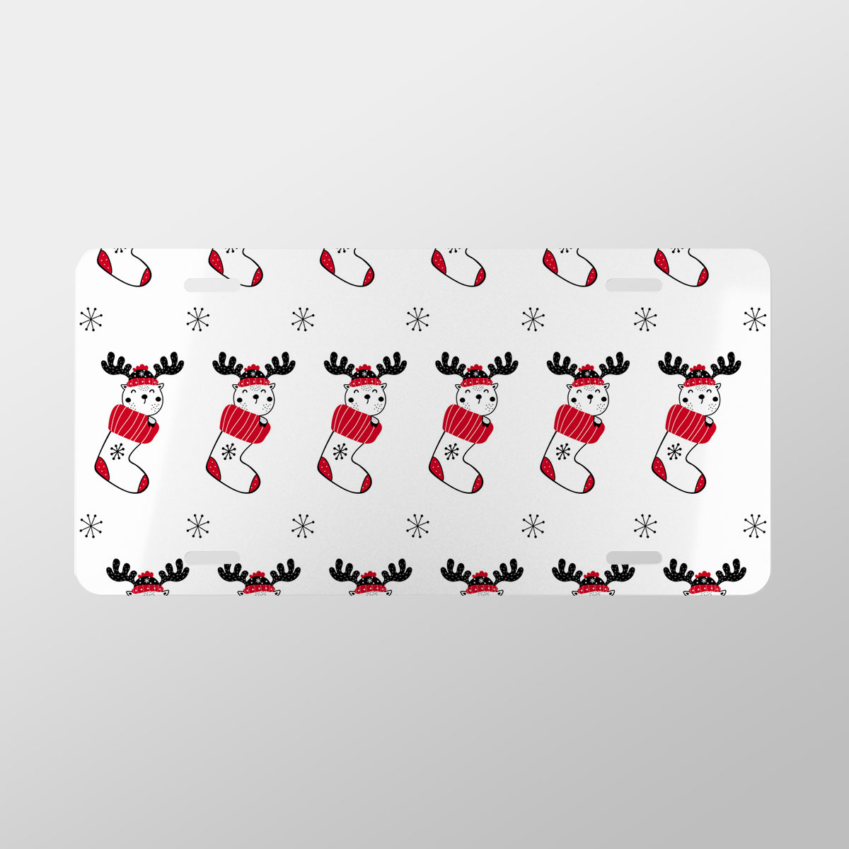 Reindeer Clipart In Hand Drawn Red Socks And Snowflake Clipart Seamless White Pattern Vanity Plate