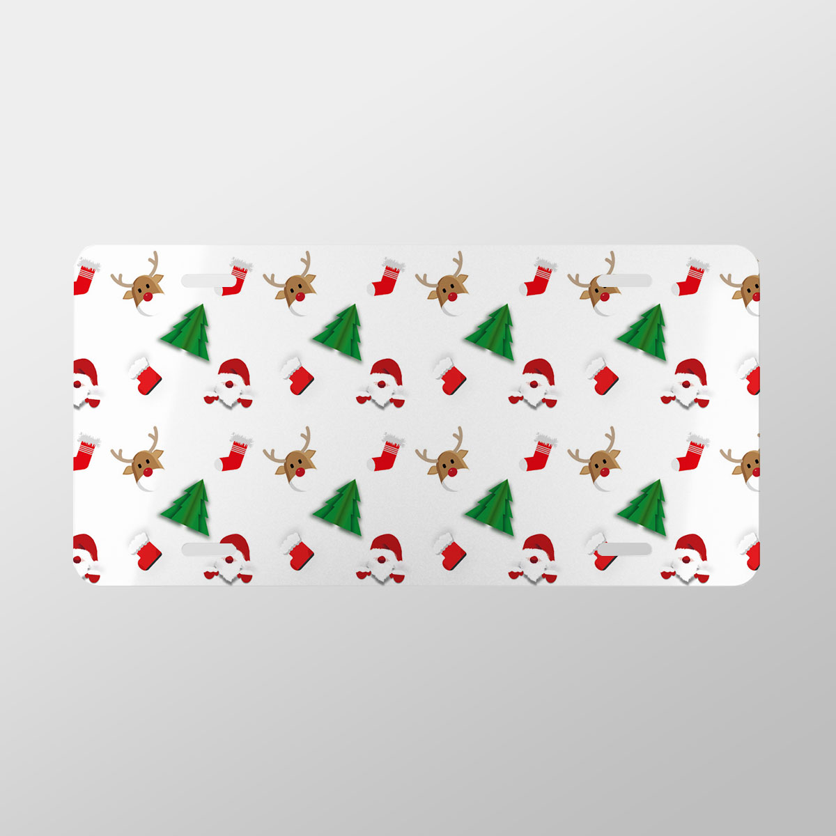 Santa Claus, Pine Tree Silhouette, Christmas Reindeer And Red Socks Seamless Pattern Vanity Plate