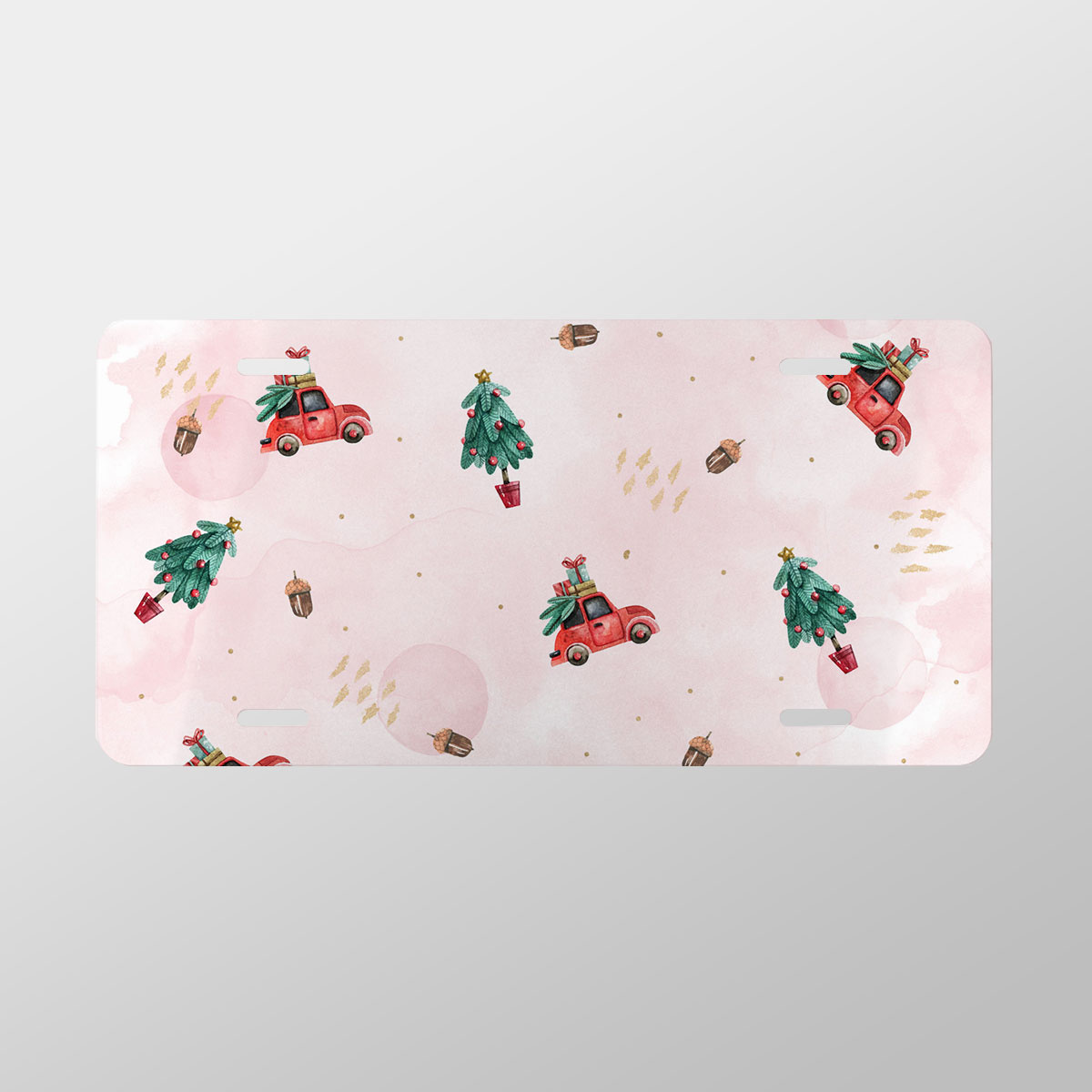 Watercolor Christmas Car With Gifts And Acorns Pink Pattern Vanity Plate