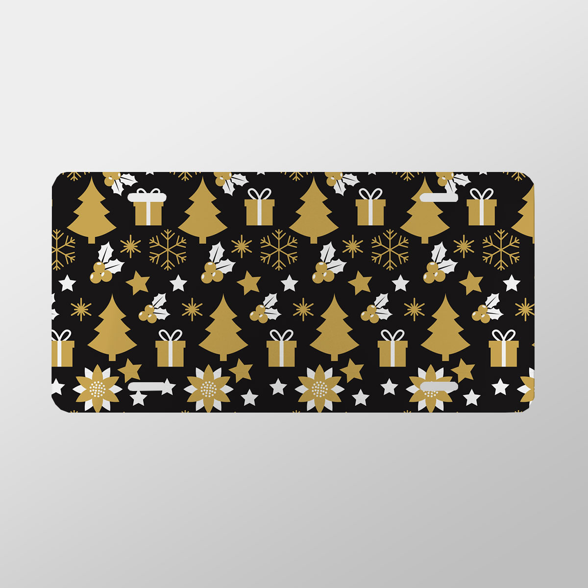 White And Gold Christmas Gift, Christmas Tree, Snowflake On Black Background Vanity Plate