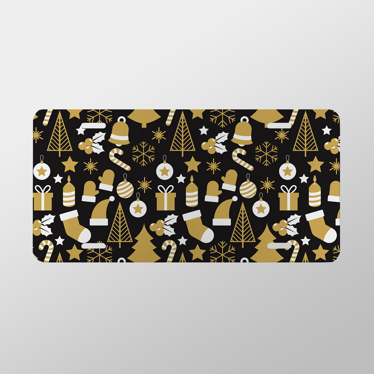 White And Gold Christmas Socks, Christmas Tree, Candy Cane On Black Background Vanity Plate