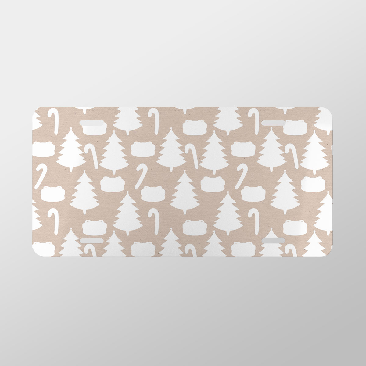 White Christmas Tree, Candy Cane On Beige Nude Background Vanity Plate