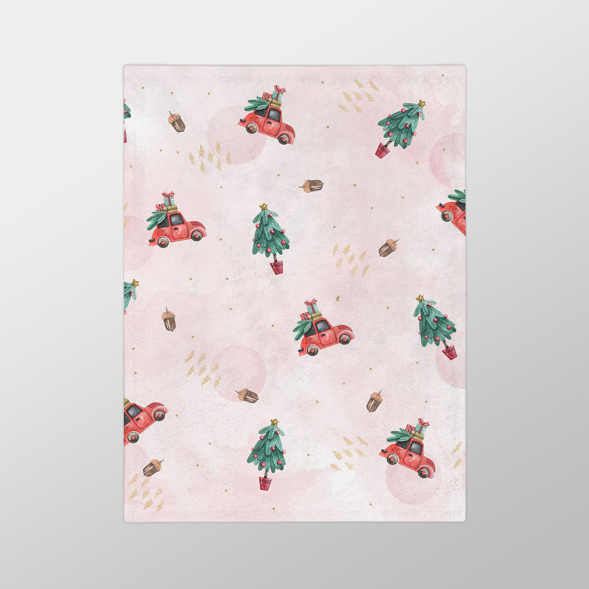 Watercolor Christmas Car With Gifts And Acorns Pink Pattern Velveteen Minky Blanket